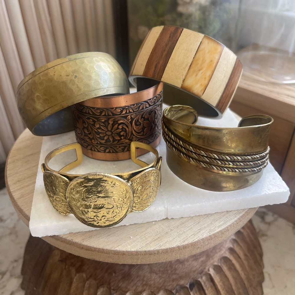 Set of Mixed Metal and Wood Bangles